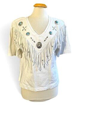Vgt. Bridge Western white t-shirt with fringe and Conchos Size S Boho
